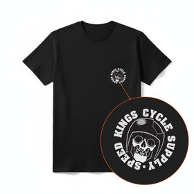 Black t-shirt with a logo and a roundel featuring 'Kings Cycle Supply' on a white background.