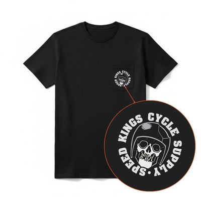 Black t-shirt with a logo and a roundel featuring 'Kings Cycle Supply' on a white background.