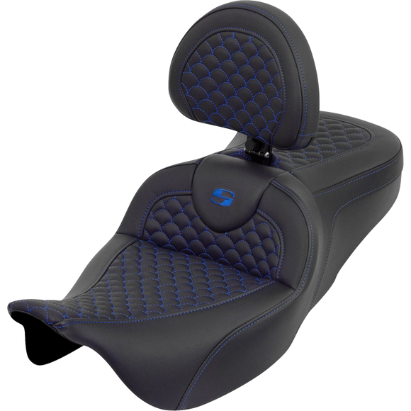 Saddlemen Roadsofa Seat Dragon Scale Blue Stitch with Backrest Touring '08-'25