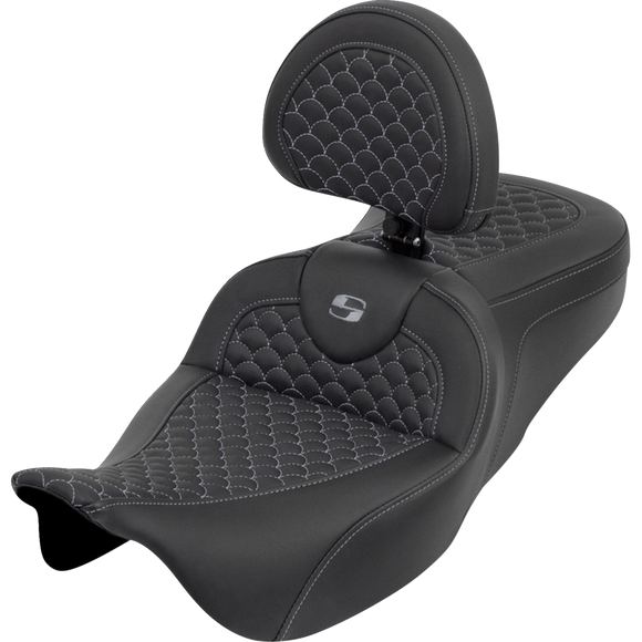 Saddlemen Roadsofa Seat Dragon Scale Gray Stitch with Backrest Touring '08-'25