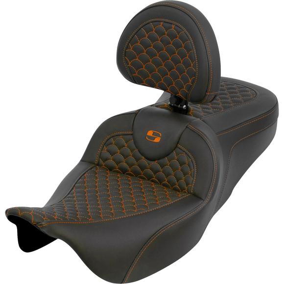 Saddlemen Roadsofa Seat Dragon Scale Orange Stitch with Backrest Touring '08-'25