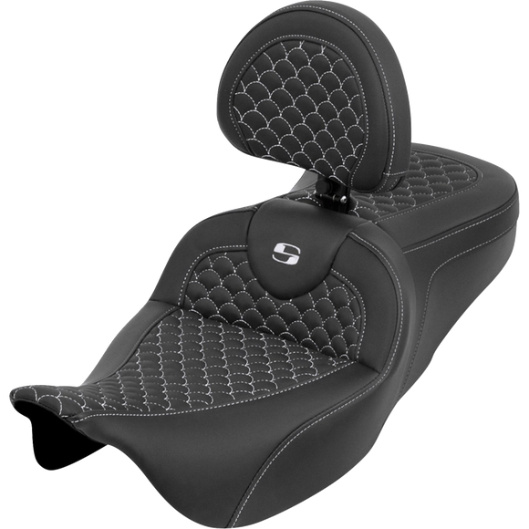 Saddlemen Roadsofa Seat Dragon Scale White Stitch with Backrest Touring '08-'25
