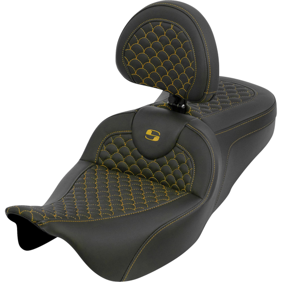 Saddlemen Roadsofa Seat Dragon Scale Gold Stitch with Backrest Touring '08-'25