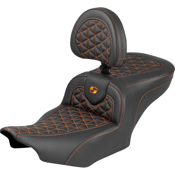 Saddlemen Roadsofa Seat with Backrest Orange Stitch FLH/FLT '23-'25