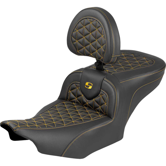 Saddlemen Roadsofa Seat with Backrest Gold Stitch FLH/FLT '23-'25