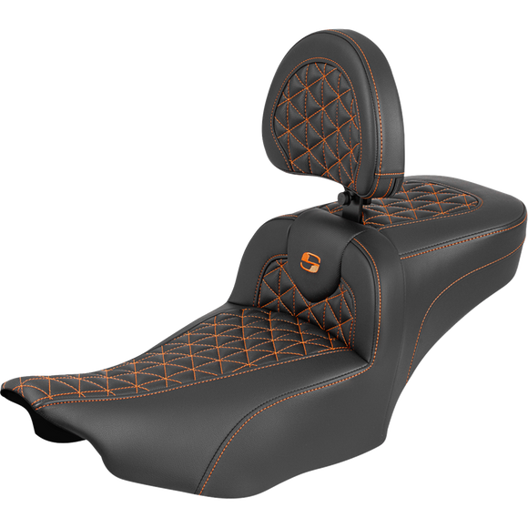 Saddlemen Roadsofa Extended Reach Seat with Backrest Orange Stitch FLH/FLT '23-'25