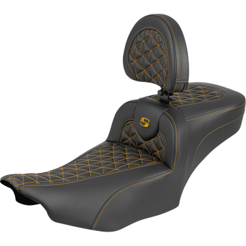 Saddlemen Roadsofa Extended Reach Seat with Backrest Gold Stitch FLH/FLT '23-'25