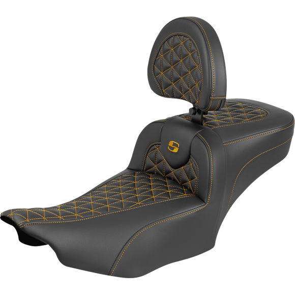 Saddlemen Roadsofa Extended Reach Seat with Backrest Gold Stitch FLH/FLT '23-'25