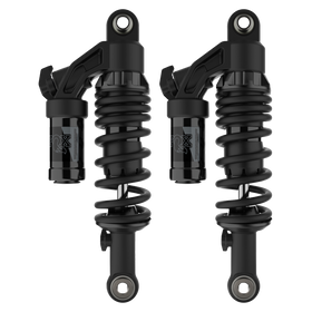 Pair of FOX QS3-QSR piggyback rear shocks in black, tuned for Indian Scout