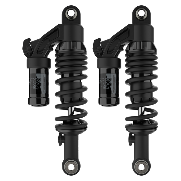 Pair of FOX QS3-QSR piggyback rear shocks in black, tuned for Indian Scout