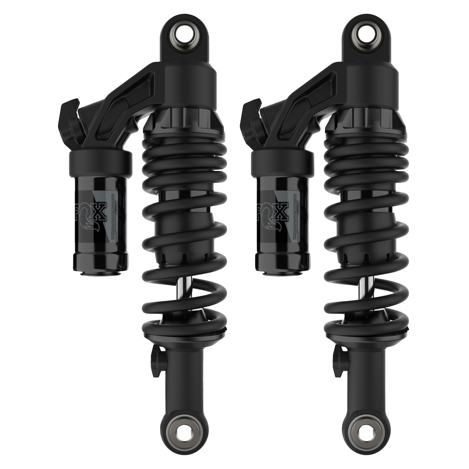Pair of FOX QS3‑QSR piggyback rear shocks for 2025 Indian Scout, matte black