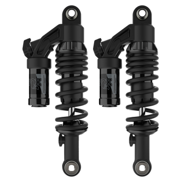 Pair of FOX QS3‑QSR piggyback rear shocks for 2025 Indian Scout, matte black
