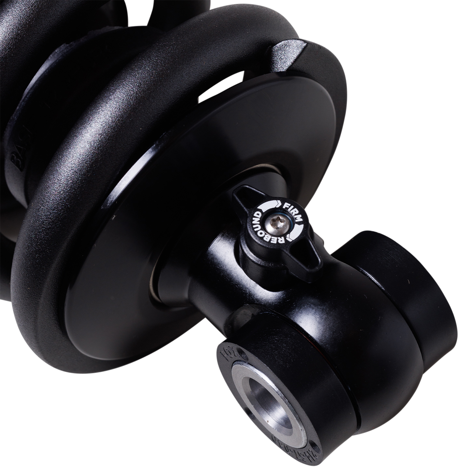 Close-up of FOX IFP-QSR rear shock for Harley Softail MY20+ showing coil spring, rebound knob and mounting eye