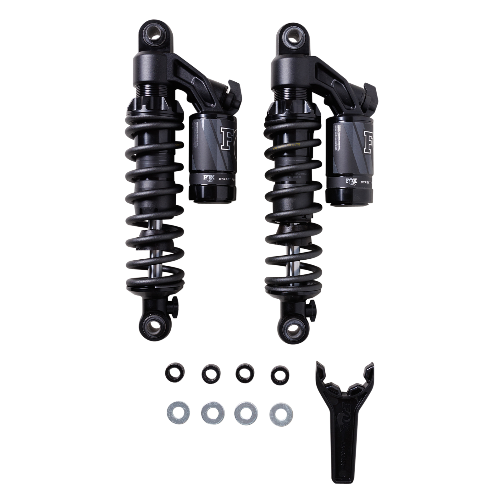 FOX QS3-QSR Piggyback rear shocks for Harley Dyna — black twin-shock kit with reservoirs and mounting hardware