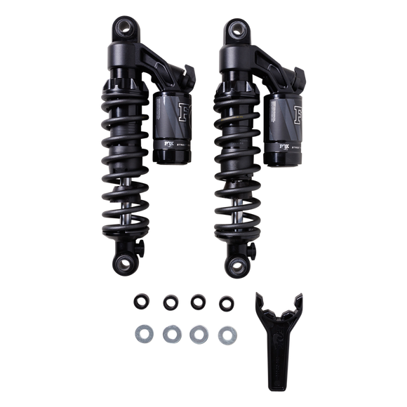 FOX QS3-QSR Piggyback rear shocks for Harley Dyna — black twin-shock kit with reservoirs and mounting hardware