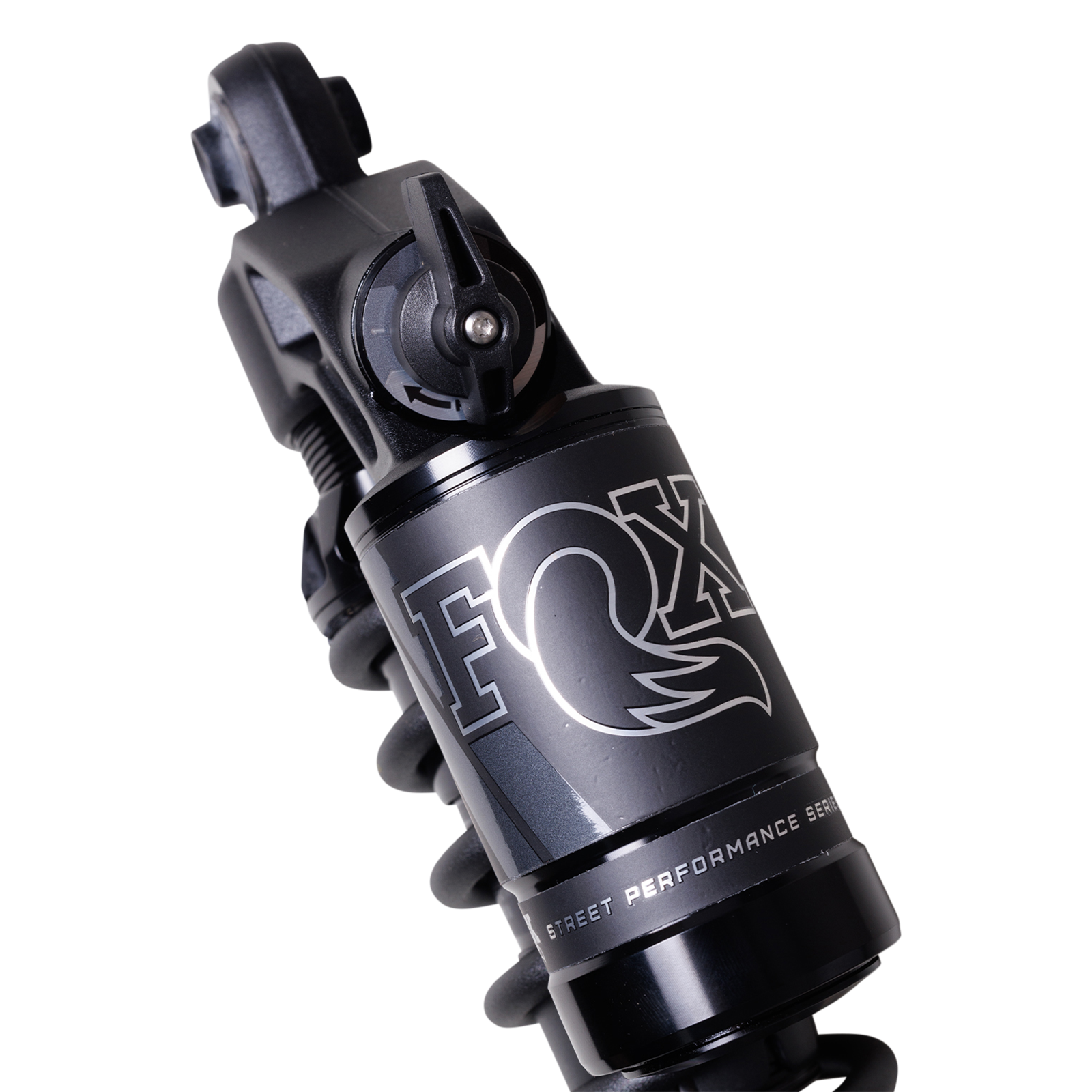 Close-up FOX QS3-QSR piggyback rear shock for Harley Dyna, black Street Performance reservoir