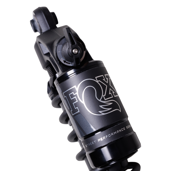 Close-up FOX QS3-QSR piggyback rear shock for Harley Dyna, black Street Performance reservoir