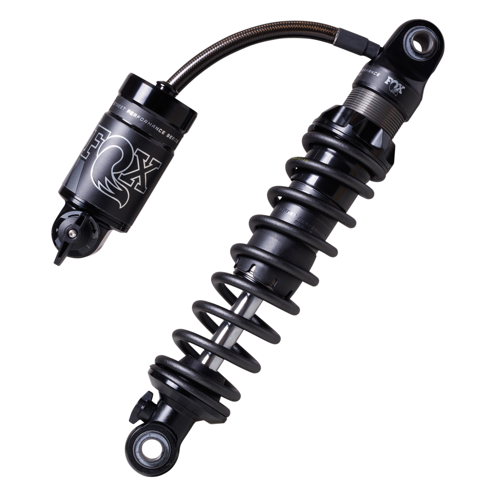 FOX QS3-QSR Remote Resi rear shock for Harley Touring — black adjustable remote-reservoir coil