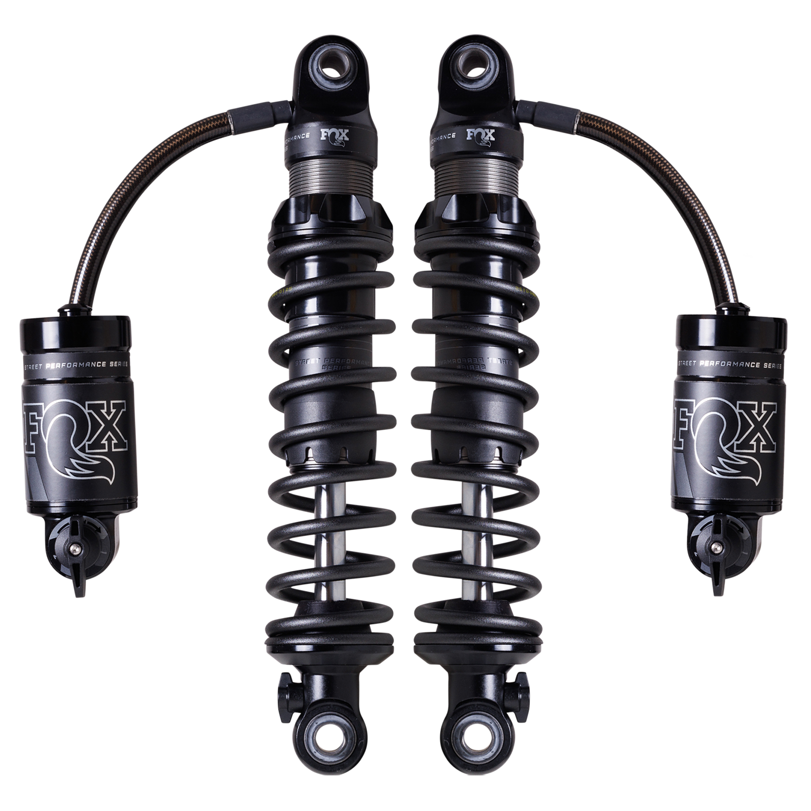 Pair of FOX QS3-QSR remote-reservoir rear shocks for Harley Touring, black, adjustable QS3/QSR