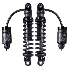 Pair of FOX QS3-QSR remote-reservoir rear shocks for Harley Touring, black, adjustable QS3/QSR
