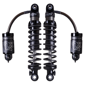 Pair of FOX QS3-QSR remote-reservoir rear shocks for Harley Touring, black, adjustable QS3/QSR