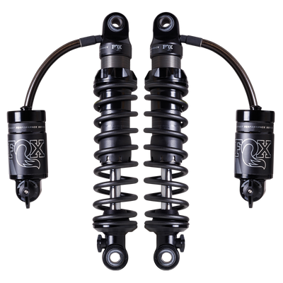 Pair of FOX QS3-QSR remote-reservoir rear shocks for Harley Touring, black, adjustable QS3/QSR
