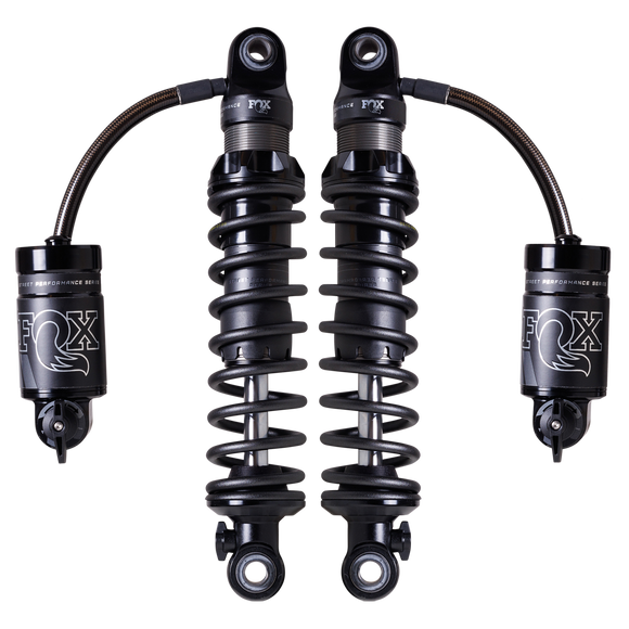 Pair of FOX QS3-QSR remote-reservoir rear shocks for Harley Touring, black, adjustable QS3/QSR
