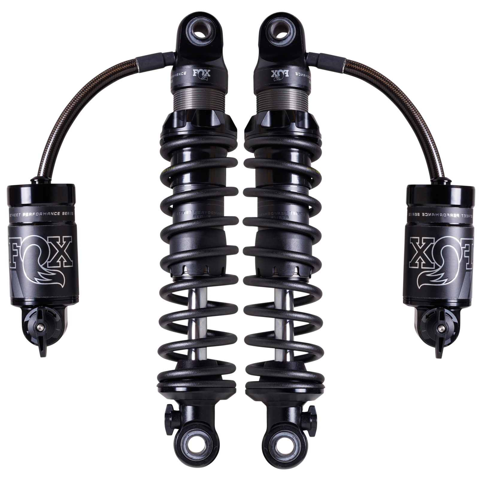 FOX QS3-QSR Remote Resi rear shocks for Harley Touring — black remote-reservoir coil-over performance pair