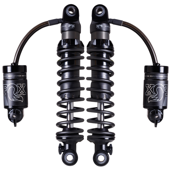 FOX QS3-QSR Remote Resi rear shocks for Harley Touring — black remote-reservoir coil-over performance pair