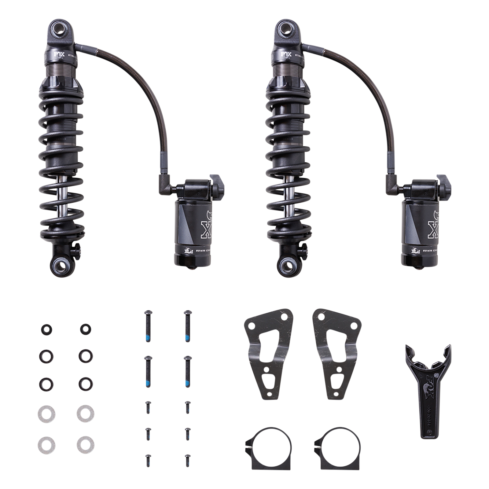 Pair of FOX QS3-QSR Remote Resi rear shocks with mounting hardware for Harley Touring