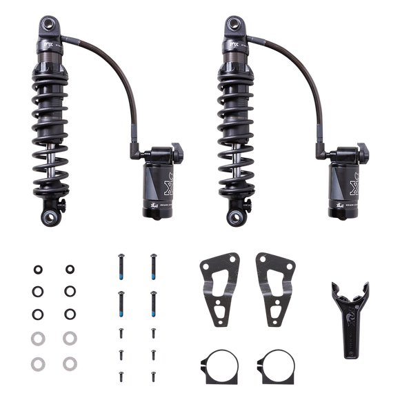 Pair of FOX QS3-QSR Remote Resi rear shocks with mounting hardware for Harley Touring