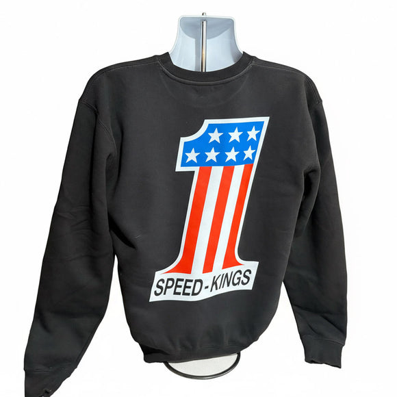 Black crew neck sweatshirt with a large number '1' Speed-Kings design 
