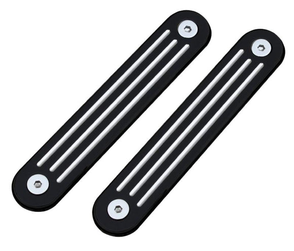 Pair of black two-tone CNC billet aluminum turn signal eliminators for Harley Street Glide, ball-milled silver grooves and hex fasteners