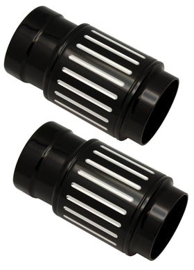 Pair of ball-milled black billet fork slider covers with machined silver slots for Harley-Davidson touring models