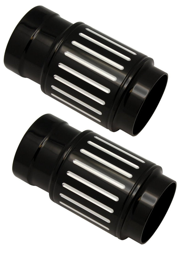 Pair of ball-milled black billet fork slider covers with machined silver slots for Harley-Davidson touring models
