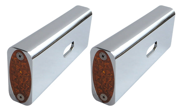 Pair of CNC‑machined chrome billet aluminum fender strut marker lights with amber LED lenses, fits 2006–2017 Harley Dyna (part #909105)