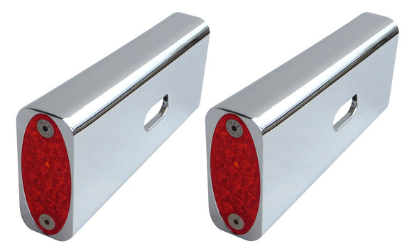 Pair of chrome billet aluminum fender strut marker lights with red LED oval lenses (Pro-One #909105R) for 2006–2017 Harley Dyna