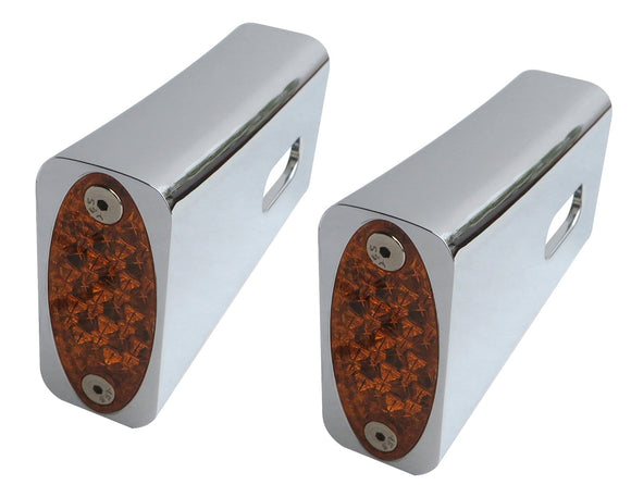 Pair of chrome billet aluminum fender strut LED marker lights with amber oval lenses, fits 1991–2005 Harley‑Davidson Dyna