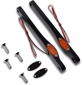 Black low-profile LED front turn signals with amber lenses, wiring and mounting screws — fits 1990–2017 Harley-Davidson FLSTF Fat Boy and select Softail models