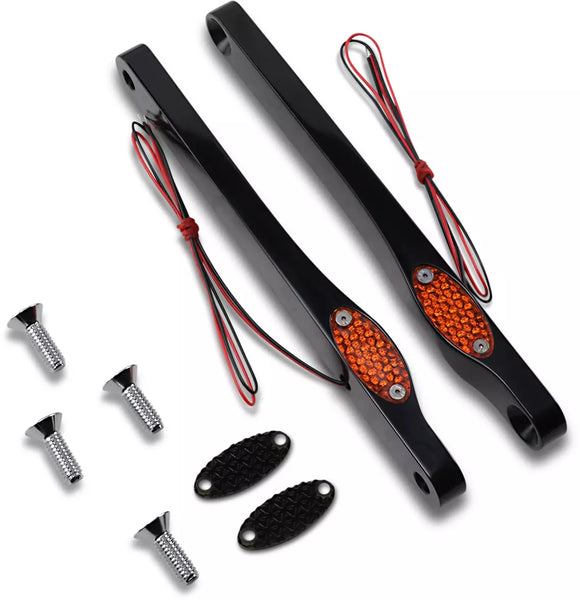 Black low-profile LED front turn signals with amber lenses, wiring and mounting screws — fits 1990–2017 Harley-Davidson FLSTF Fat Boy and select Softail models