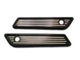 Pair of slim black ball-milled saddle bag latch covers with horizontal milled grooves and round latch hole for 2014-2023 Harley-Davidson Touring (Part 104722B)