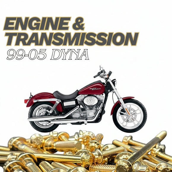 99-05 Harley Dyna motorcycle and pile of gold ARP stainless steel engine & transmission bolts by Bamco