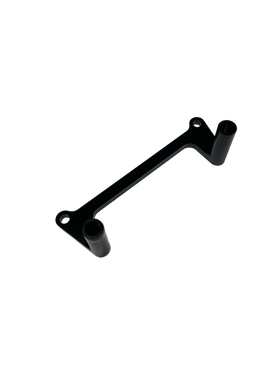 Black metal mounting bracket with two cylindrical standoffs and two mounting holes