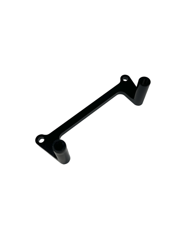 Black metal mounting bracket with two cylindrical standoffs and two mounting holes