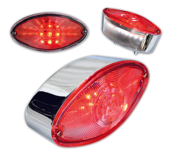 AC-1030 oval LED taillight assembly with red lens and chrome housing, shown in three angled views