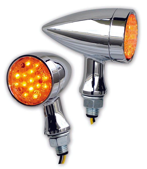 Pair of AC-1031 chrome Super Bullet LED turn signals with amber lenses