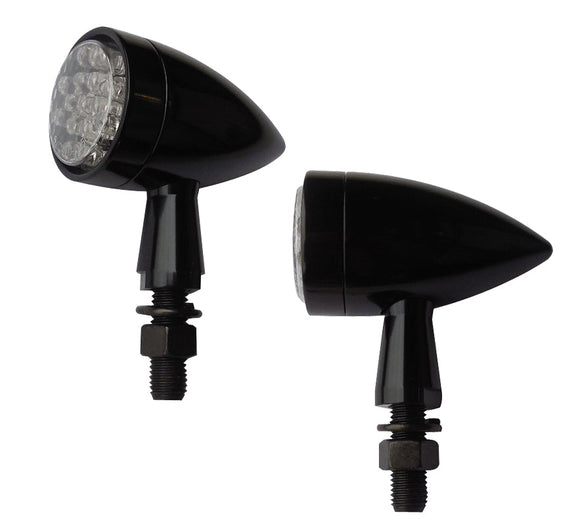 AC-1031B pair of black Super Bullet smooth LED motorcycle turn signals with mounting bolts
