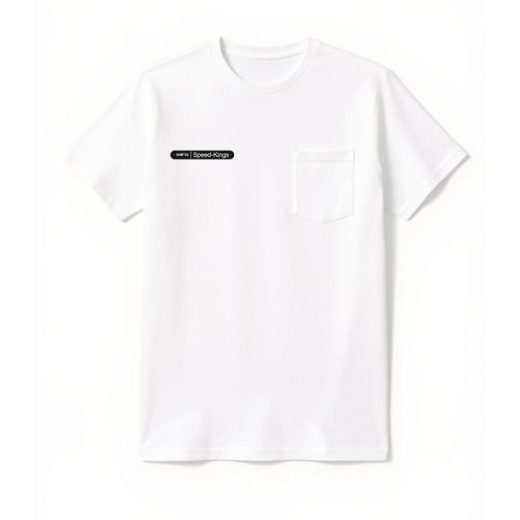 White t-shirt with a black Speed Kings MFG AMF Style logo on a white background