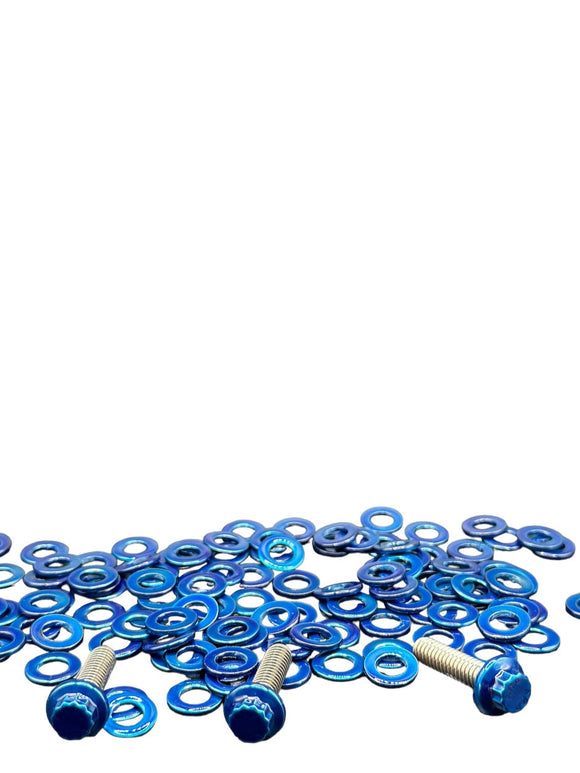 Bamco ARP stainless steel Harley-Davidson bolts with blue anodized washers on white background