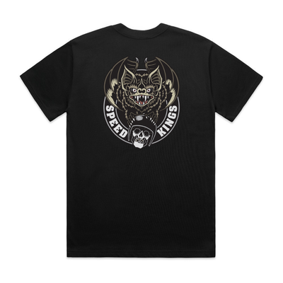Shirt with a design. Bat with skull in motorcycle helmet on a black t-shirt
